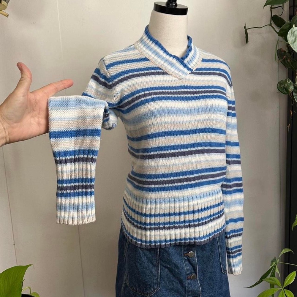 Covington Y2K Blue Striped Cotton Knit Sweater High V-Neck Small